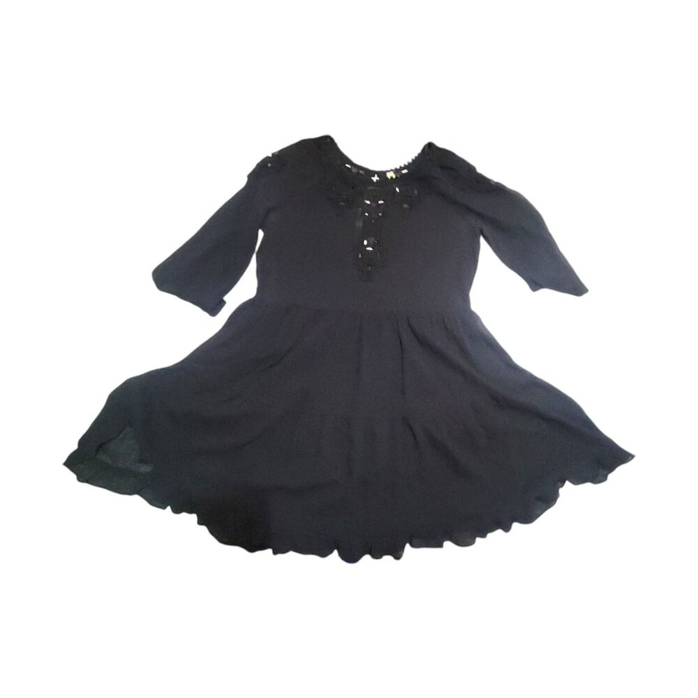 Free People Black Boho Tunic Mini Dress S Cotton Gauze Lace Goth Witchy Coquette - Picture 8 of 16